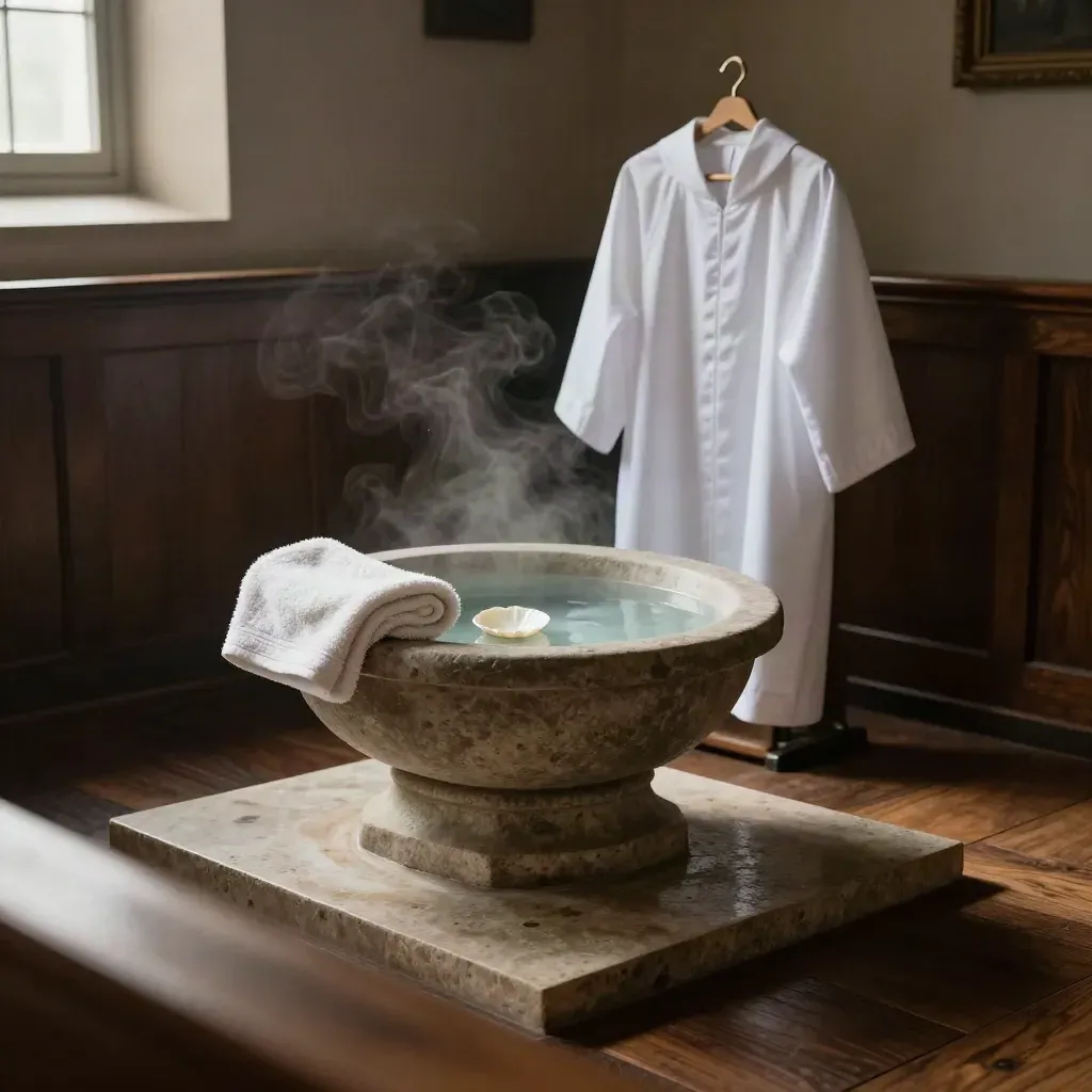 Baptism font with towel, shell ladle, and hung robe in a moody church alcove
