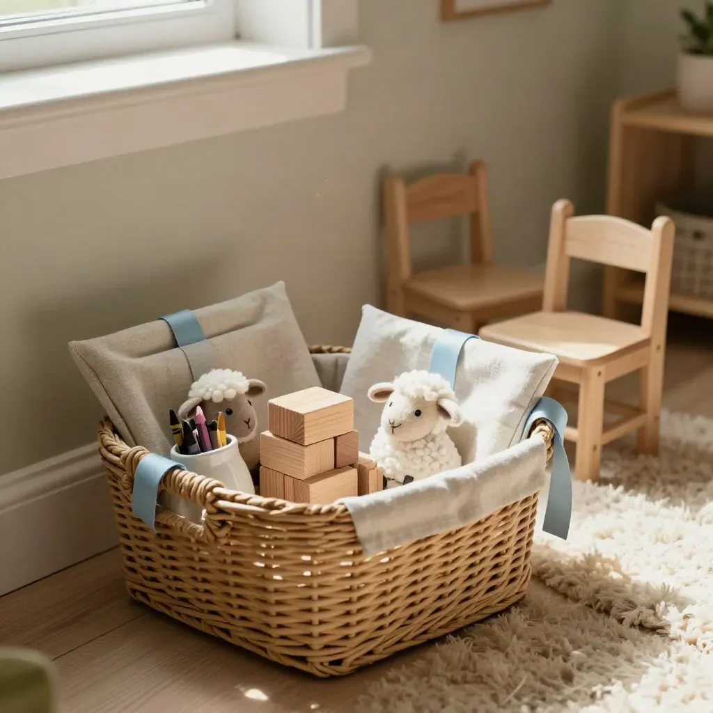 Warm family ministry nook with blocks, felt sheep, crayons, chairs, and activity kits in sunlight.