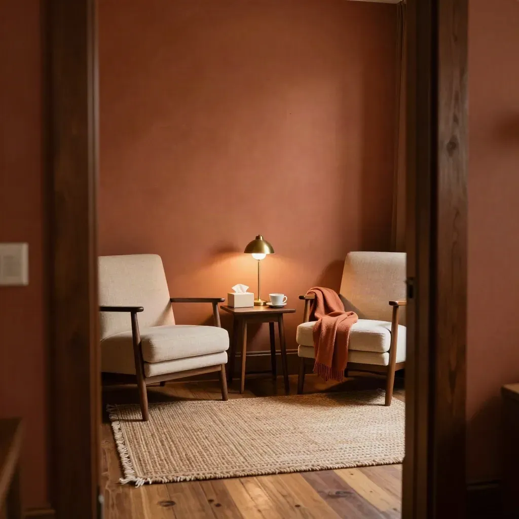 Quiet counseling room with two empty chairs, tissue box, teacup, and soft lamp glow.
