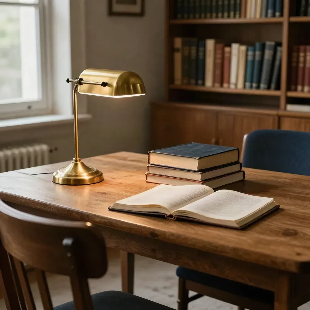 Warm Bible study room with lamp, closed books, notebooks, and quiet chairs after class.