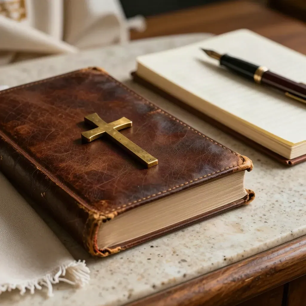 Macro still life of a pastor’s worn Bible, brass cross, sermon notebook, pen, and linen stole edge.