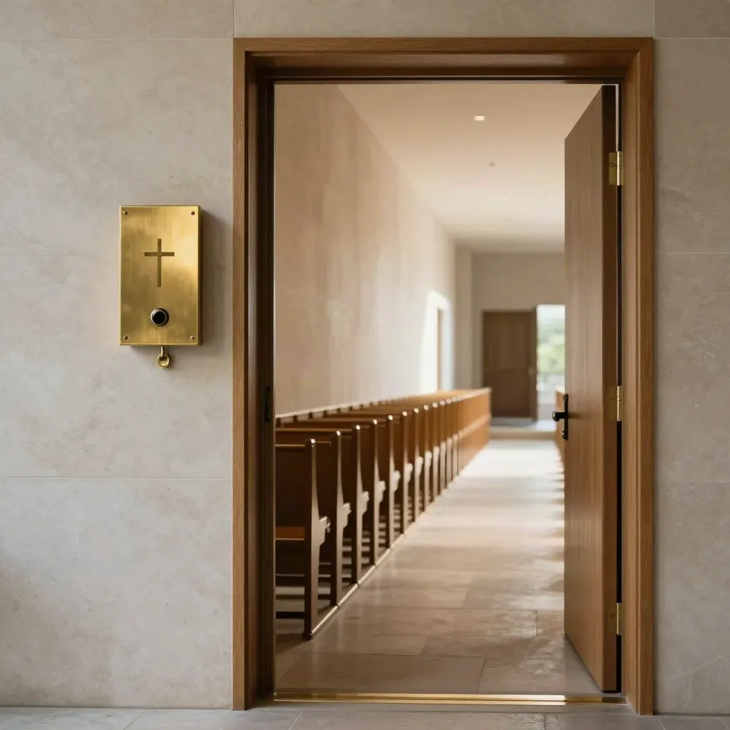 Brass door chime, hymn racks, and open side door to a softly lit church nave.