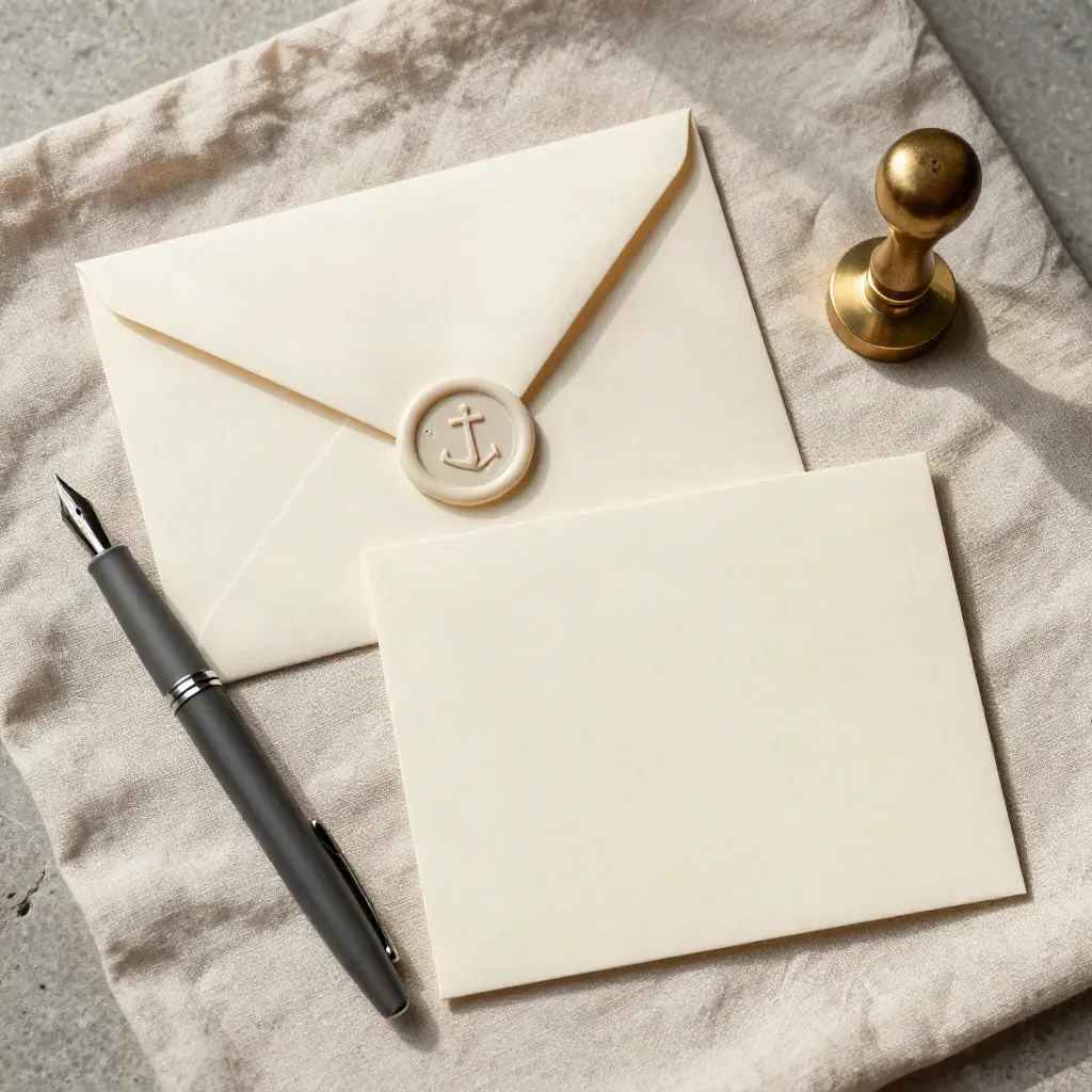 Overhead flatlay of an envelope, pen, note card and wax seal stamp on linen
