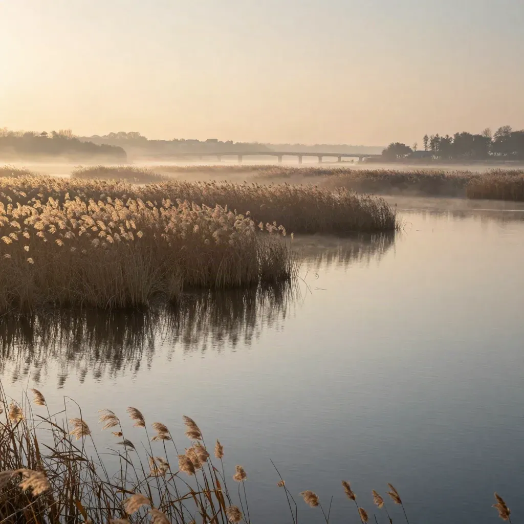 Teganuma reed marsh at sunrise with haze, bridge line, and calm reflective water.