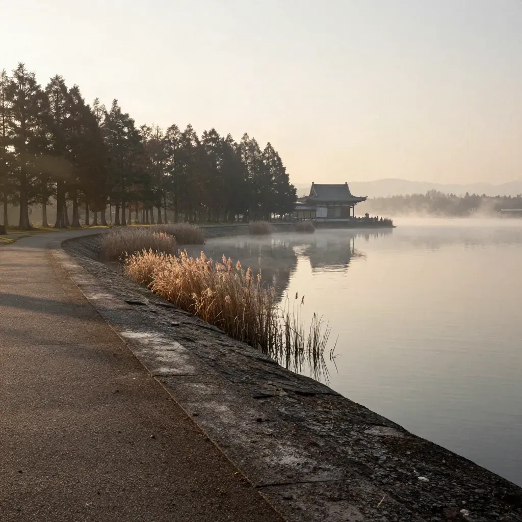 Abiko lakeshore embankment at sunrise, cypress line, distant temple roofline, misty water.