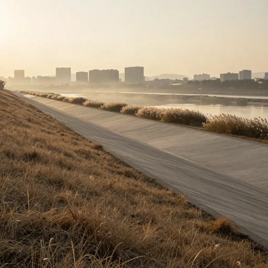 Hazy Nagareyama levee, grassy plain below, distant skyline high in warm evening light.